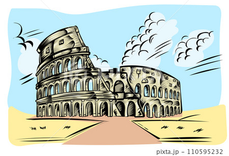 Rome coliseum hand drawn on sky background icon. vector illustration 110595232