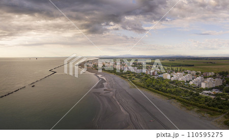 Awesome aerial shot adriatic coastline and Lido Adriano town Awesome aerial shot adriatic coastline and Lido Adriano town 110595275