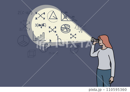 Woman looks at mathematical formulas on wall using flashlight preparing to enter college 110595360