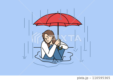 Woman sits in puddle in rain and holds umbrella over head, trying to escape autumn downpour Woman sits in puddle in rain and holds umbrella over head, trying to escape autumn downpour 110595365