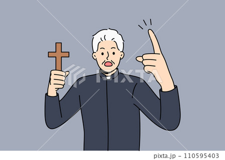 Angry priest with wooden christian cross shouts, urging think about approaching day of judgment 110595403