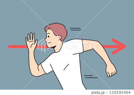 Brave man runs in opposite direction near red arrow, demonstrating rebellion and non-conformity 110595404