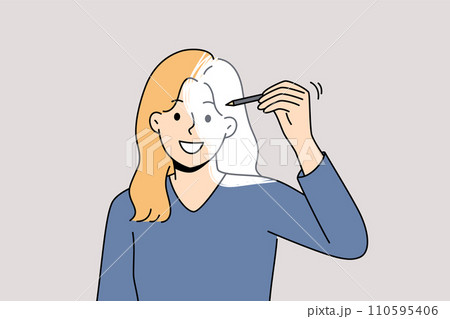 Woman draws own image with pencil, symbolizing self-development and desire to become better Woman draws own image with pencil, symbolizing self-development and desire to become better 110595406