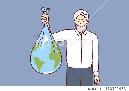 Old man litters environment by holding garbage bag in shape of planet earth, pollution environmental 110595488
