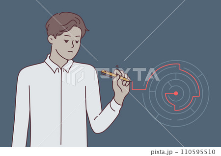 Man is looking for way out of maze, drawing line with marker to plan solution to complex problem 110595510