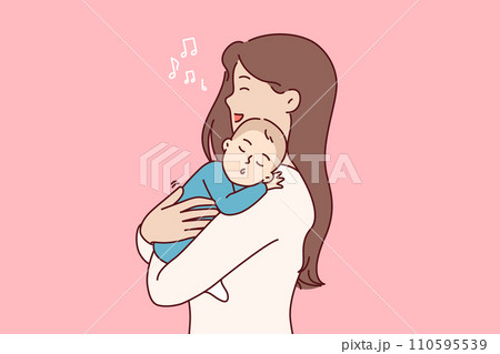 Mother sings lullaby to newborn son, holding sleeping baby in arms and feeling happiness motherhood Mother sings lullaby to newborn son, holding sleeping baby in arms and feeling happiness motherhood 110595539