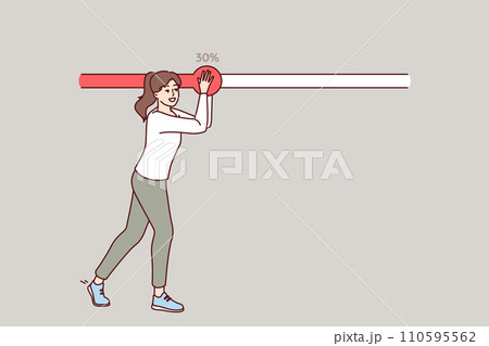 Woman moves progress bar slider to speed up downloading file from internet or achieving goal 110595562
