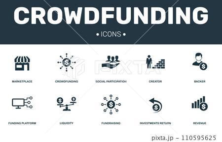 Crowdfunding set icons collection. Includes simple elements such as Marketplace, Creator, Backer, Funding platform and Fundraising premium icons 110595625