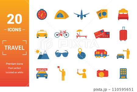 Travel icon set. Include creative elements compass, aircraft, taxi, credit card, sun and mountains icons. Can be used for report, presentation, diagram, web design 110595651