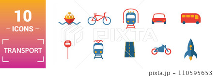 Transport icon set. Include creative elements car, motorcycle, bicycle, troleibus, taxi icons. Can be used for report, presentation, diagram, web design 110595653