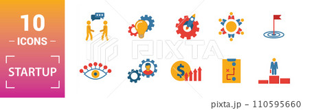 Startup icon set. Include creative elements goal, business plan, prototype, business incubator, vision icons. Can be used for report, presentation, diagram, web design 110595660