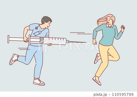 Cowardly woman suffers from Vaccinophobia and runs away from doctor with large syringe 110595789