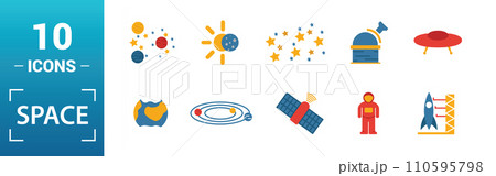 Space icon set. Include creative elements earth planet, stars, spaceship, spacemen, telescope icons. Can be used for report, presentation, diagram, web design 110595798