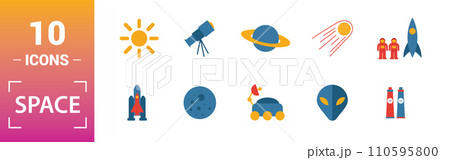 Space icon set. Include creative elements earth planet, stars, spaceship, spacemen, telescope icons. Can be used for report, presentation, diagram, web design 110595800