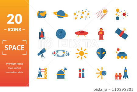Space icon set. Include creative elements earth planet, stars, spaceship, spacemen, telescope icons. Can be used for report, presentation, diagram, web design 110595803