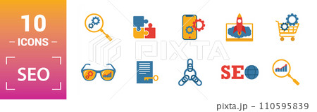 Seo icon set. Include creative elements search optimization, search result, right solution, code optimization, website optimization icons. Can be used for report, presentation, diagram, web design Seo icon set. Include creative elements search optimization, search result, right solution, code optimization, website optimization icons. Can be used for report, presentation, diagram, web design 110595839