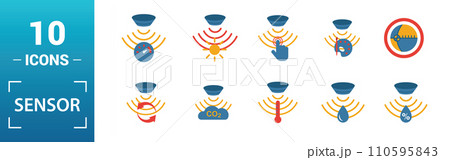 Sensor icon set. Include creative elements water quality sensor, smoke detector, gas, rain sensor, humidity sensor icons. Can be used for report, presentation, diagram, web design Sensor icon set. Include creative elements water quality sensor, smoke detector, gas, rain sensor, humidity sensor icons. Can be used for report, presentation, diagram, web design 110595843