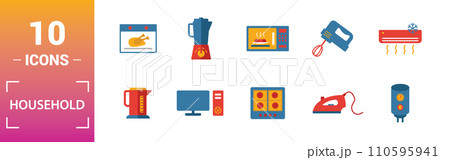 Household icon set. Include creative elements home fridge, electric hob, fan, dishwasher, double boiler icons. Can be used for report, presentation, diagram, web design 110595941