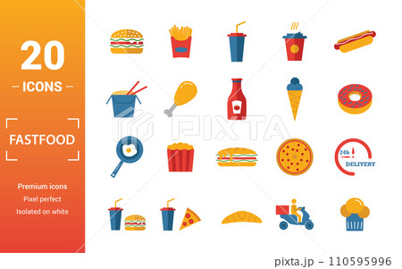 Fastfood icon set. Include creative elements burger, drink with a straw, donuts, chicken leg, delivery icons. Can be used for report, presentation, diagram, web design Fastfood icon set. Include creative elements burger, drink with a straw, donuts, chicken leg, delivery icons. Can be used for report, presentation, diagram, web design 110595996