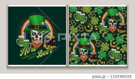 St Patricks Day label, pattern with rainbow arc, skull with red beard in tall hat, green beer, pot with gold. Text More money for green beer. For prints, t shirt, holiday design. Vintage style 110596038