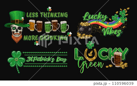 St Patricks Day horizontal Labels with holiday objects, text on black background. Skull, beer, pot with golden coins. For clothing, apparel, T-shirts, holiday stuff, goods decoration Vintage style 110596039