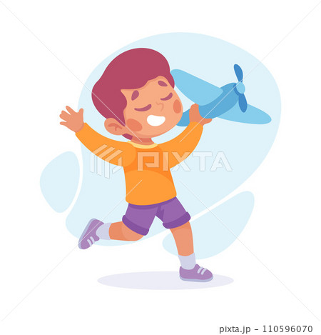Joyful Boy Dream of Flying Play Plane Toy Vector Illustration 110596070