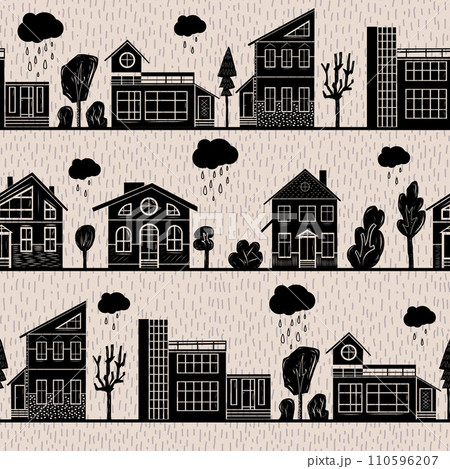 Domestic home and trees hand carved linocut seamless pattern on rainy background. 110596207