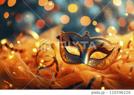 Carnival party background.Venetian mask on yellow glitter background. Copy space Carnival party background.Venetian mask on yellow glitter background. Copy space 110596226