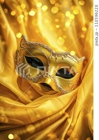 Carnival party background.Venetian mask on yellow glitter background. Copy space 110596228