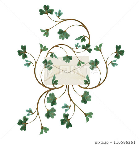 White paper mailing envelope with green four leaf clover for St. Patrick's Day invitation entangled with shamrock clover. Isolated watercolor illustration on white background. Clipart. White paper mailing envelope with green four leaf clover for St. Patrick's Day invitation entangled with shamrock clover. Isolated watercolor illustration on white background. Clipart. 110596261