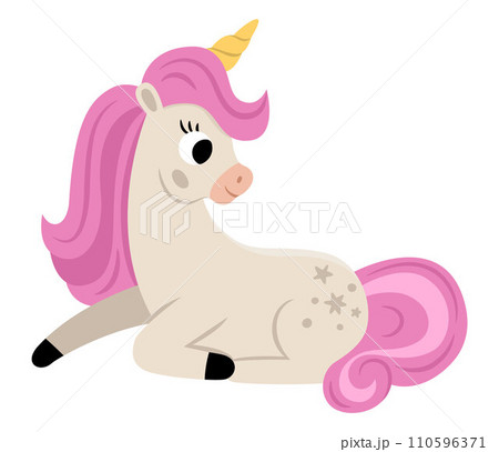 Vector unicorn with yellow horn and pink mane. Fantasy sitting animal. Fairytale horse character for kids. Cartoon magic creature icon isolated on white background Vector unicorn with yellow horn and pink mane. Fantasy sitting animal. Fairytale horse character for kids. Cartoon magic creature icon isolated on white background 110596371
