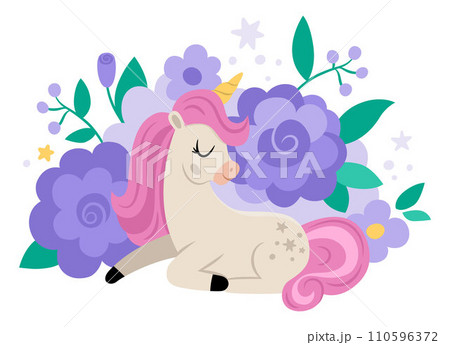 Vector unicorn with yellow horn and pink mane, surrounded with purple flowers. Fantasy sitting animal with floral background. Fairytale horse character for kids. Cartoon magic creature icon Vector unicorn with yellow horn and pink mane, surrounded with purple flowers. Fantasy sitting animal with floral background. Fairytale horse character for kids. Cartoon magic creature icon 110596372