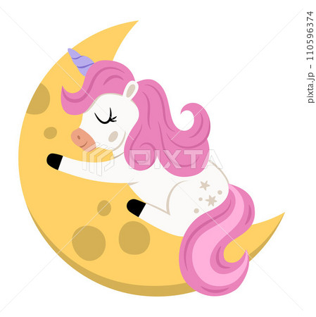 Vector unicorn with purple horn and pink mane. Fantasy animal sleeping on half moon. Fairytale horse character for kids. Cartoon magic creature icon isolated on white background Vector unicorn with purple horn and pink mane. Fantasy animal sleeping on half moon. Fairytale horse character for kids. Cartoon magic creature icon isolated on white background 110596374