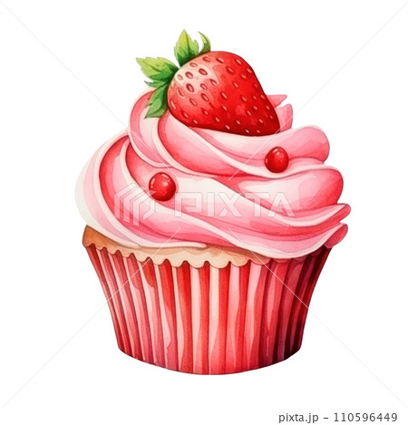 cute watercolor strawberry cupcake isolated 110596449
