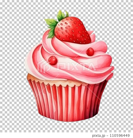 cute watercolor strawberry cupcake isolated 110596449