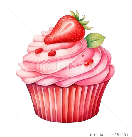 cute watercolor strawberry cupcake isolated 110596457