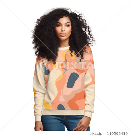 a woman with long dark hair is wearing a colorful peach sweatshirt isolated 110596459