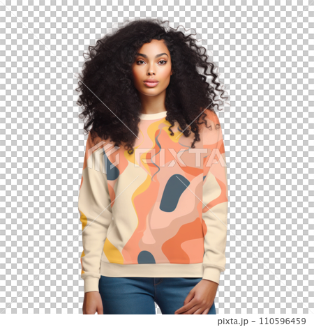 a woman with long dark hair is wearing a colorful peach sweatshirt isolated 110596459