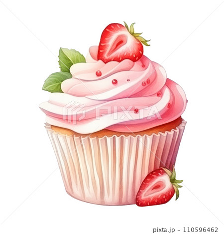cute watercolor strawberry cupcake isolated 110596462