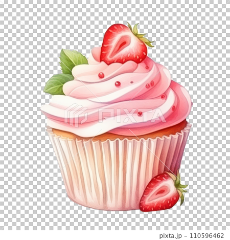 cute watercolor strawberry cupcake isolated 110596462