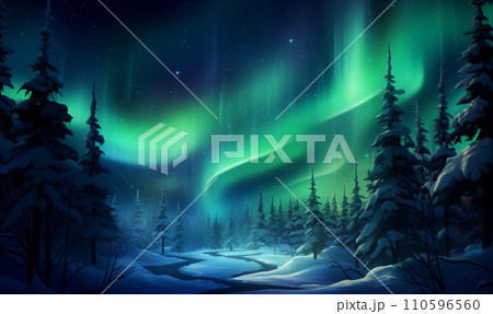 AI-generated content. Winter night landscape, northern lights, aurora borealis, forest illustration 110596560
