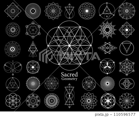 Sacred geometry vector design elements. Alchemy, religion, philosophy, spirituality, yantra hipster symbols and elements. Set collection, white tattoo signs isolated on black background  110596577