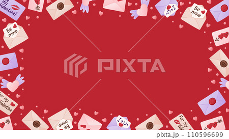 Horizontal Valentines day celebrating background. Frame template design print with love letters, envelopes, hearts on red background. Good for banner, background, social media graphics 110596699