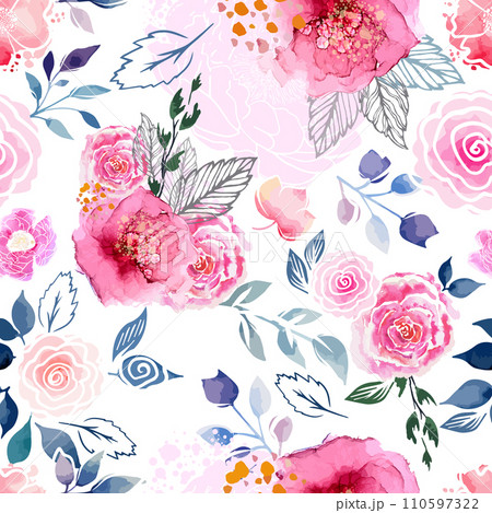 Pink watercolor flowers and green leaves seamless pattern. hand drawing. Not AI, Vector illustration Pink watercolor flowers and green leaves seamless pattern. hand drawing. Not AI, Vector illustration 110597322