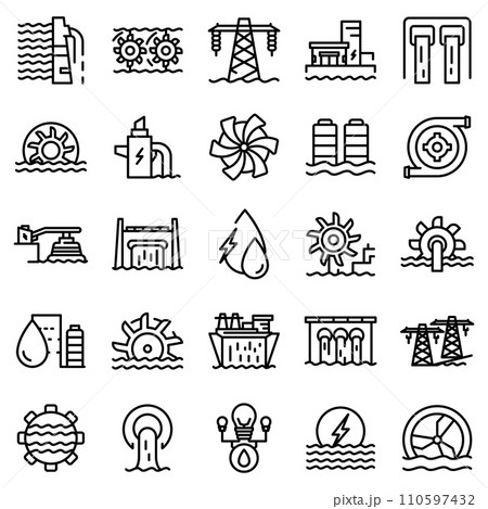 Hydro power icons set. Outline set of hydro power vector icons for web design isolated on white background 110597432