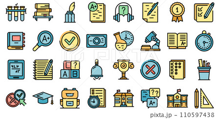 School test icons set. Outline set of school test vector icons thin line color flat on white 110597438