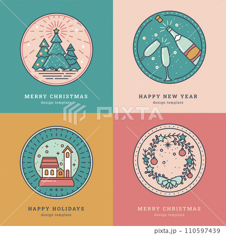 Holiday Collection of Round Christmas card Templates. Simple Icons of Christmas tree, Star, Ray and Radiance, Champagne, Glasses, Snow Globe, Festive Wreath. Line art Elements for Greeting, Tag, Label 110597439