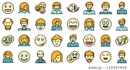 Smiling people icons set. Outline set of smiling people vector icons thin line color flat on white Smiling people icons set. Outline set of smiling people vector icons thin line color flat on white 110597448