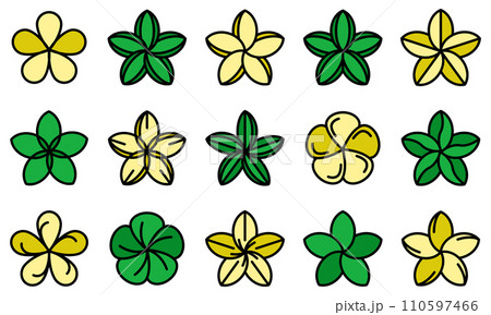 Plumeria icons set. Outline set of plumeria vector icons thin line color flat on white Plumeria icons set. Outline set of plumeria vector icons thin line color flat on white 110597466