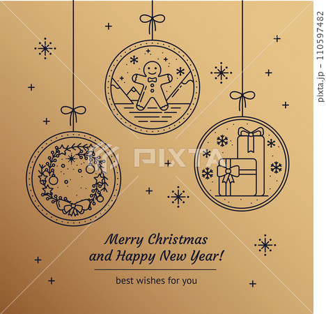 Merry Christmas Greeting Card with Line Art Icons of Festive Wreath, Gingerbread, Gifts on a Gold Background with Snowflakes. New Year invitation. Vector illustration 110597482